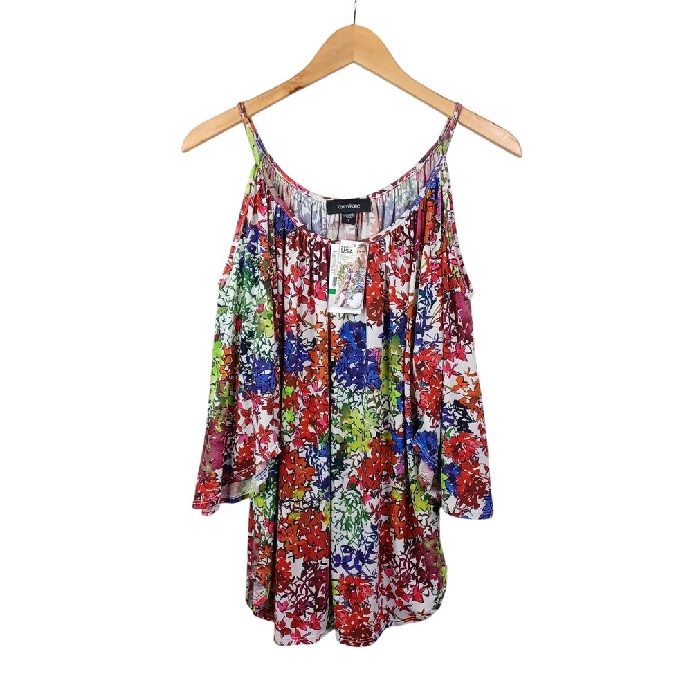 Karen‎ Kane Floral Cold Shoulder Bell Sleeve Top L Optic Bloom Boho Colorful NWT